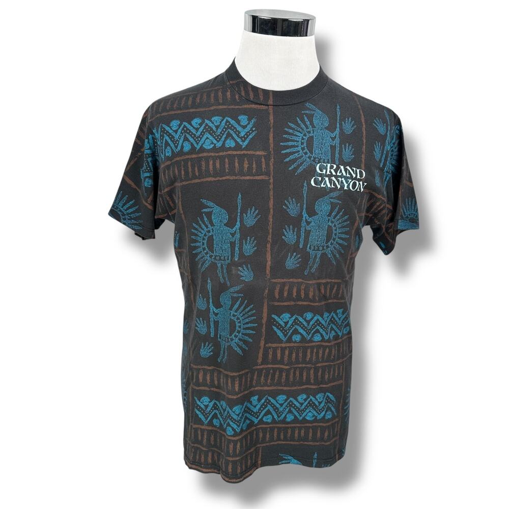 Vintage Grand Canyon T-Shirt Mens Large Black Aztec AOP USA 90s Hieroglyphics